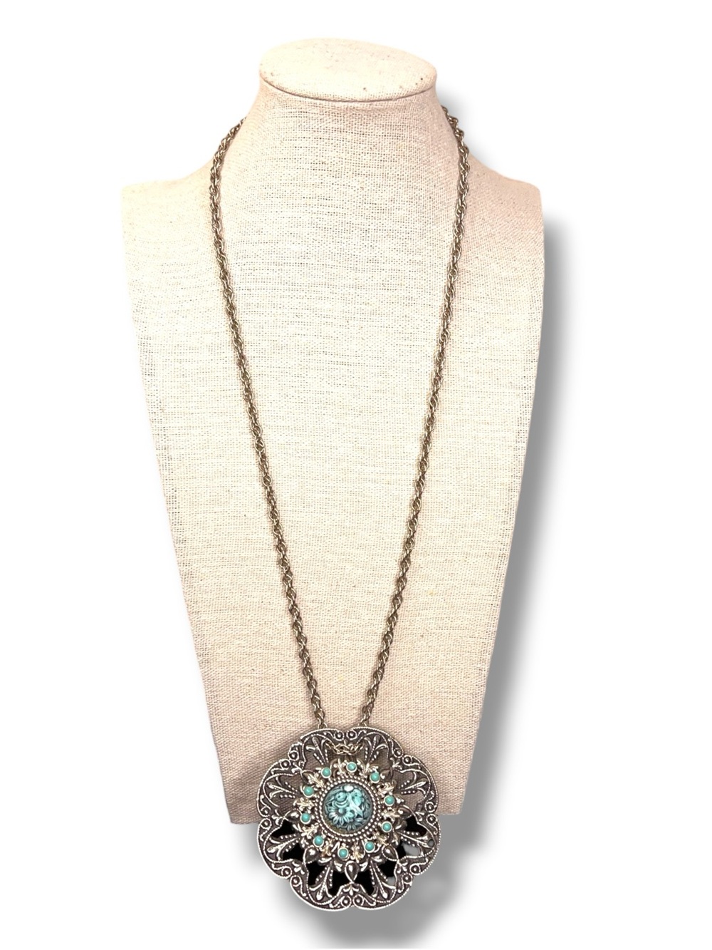 Vintage Turquoise Tone Silver Tone Pendant Necklace Antique Look Western